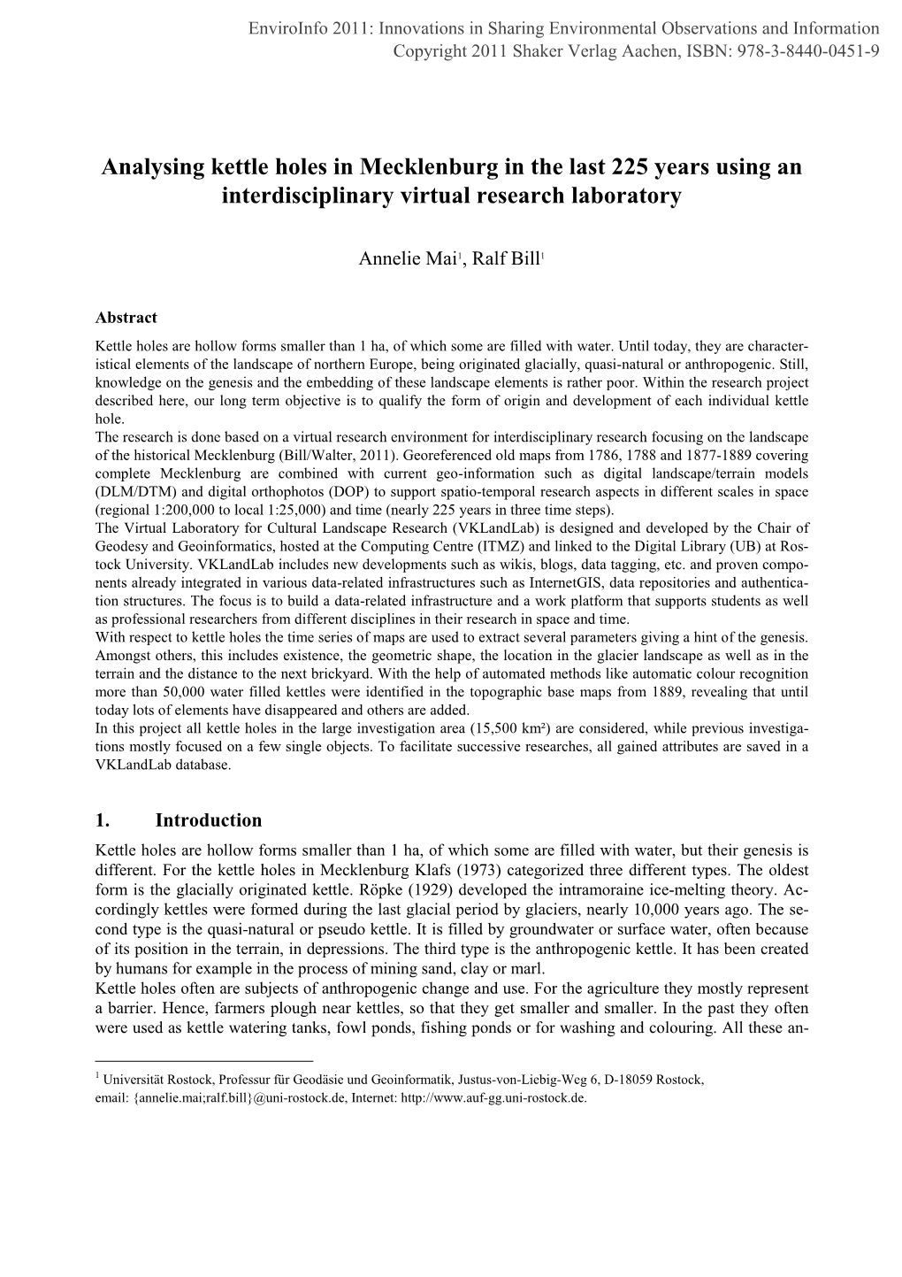 Analysing Kettle Holes in Mecklenburg in the Last 225 Years Using an Interdisciplinary Virtual Research Laboratory