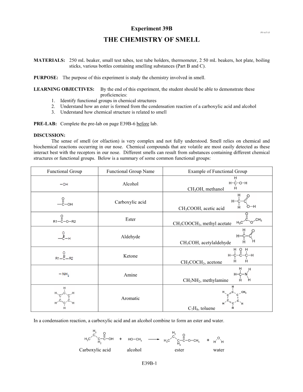 Experiment 39B FV 4-17-15 the CHEMISTRY of SMELL