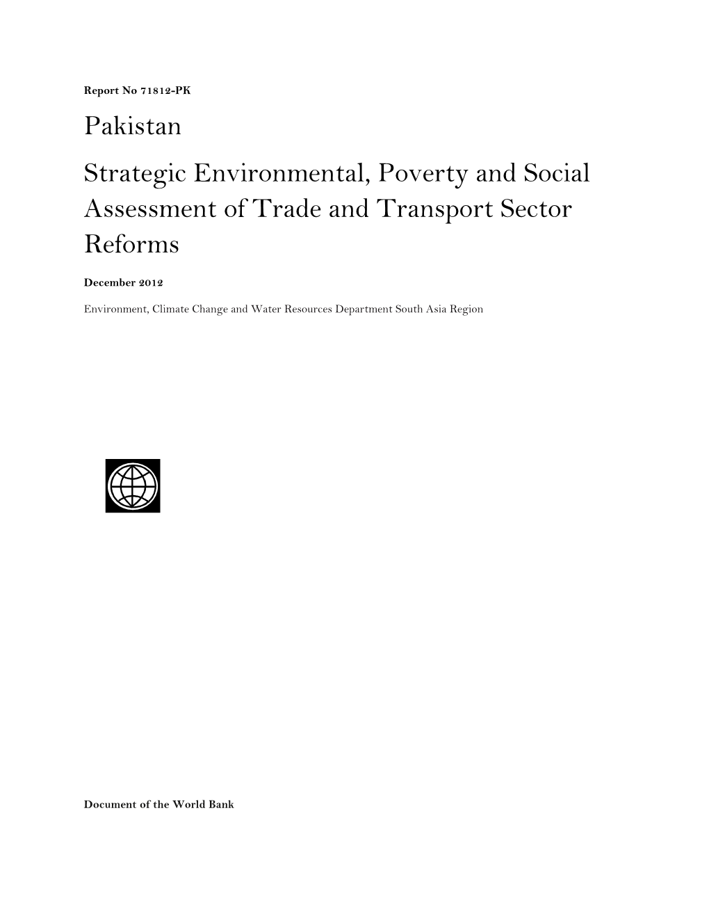 Pakistan Strategic Environmental, Poverty and Social Assessment of Trade and Transport Sector Reforms