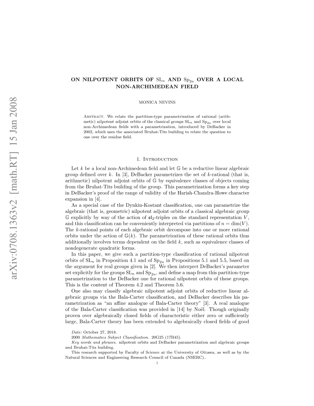 Arxiv:0708.1363V2 [Math.RT] 15 Jan 2008 Odgnrt Udai Forms