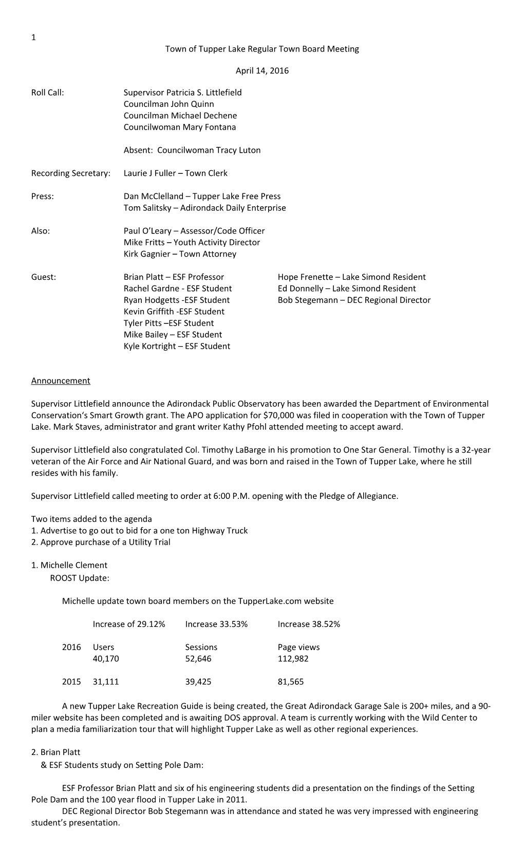 Town of Tupper Lake Regular Town Board Meeting s1