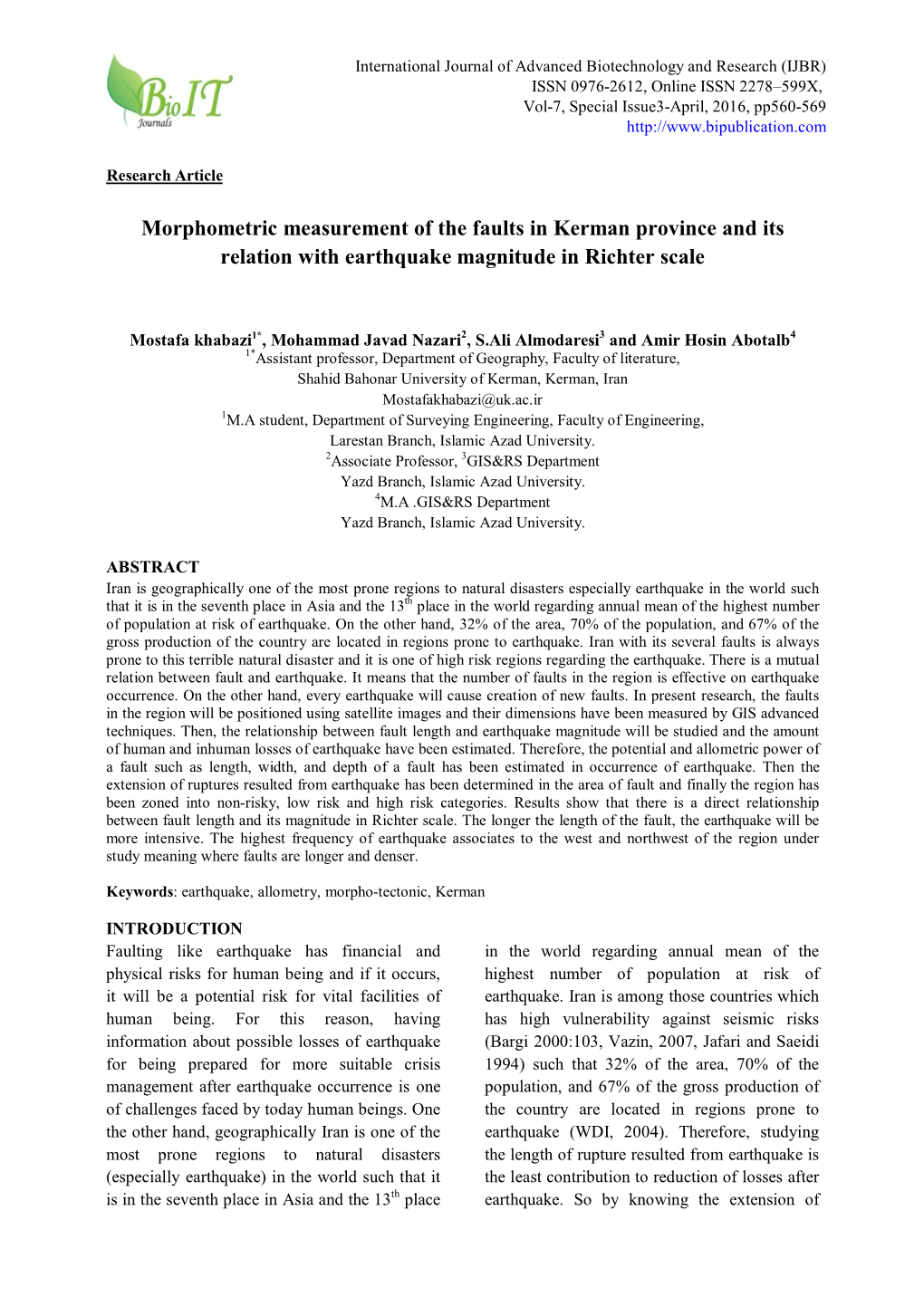 Morphometric Measurement of the Faults in Kerman Province and Its Relation with Earthquake Magnitude in Richter Scale