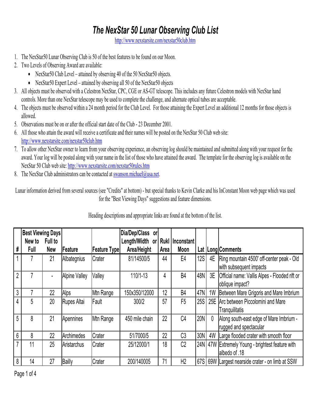 The Nexstar 50 Lunar Observing Club List