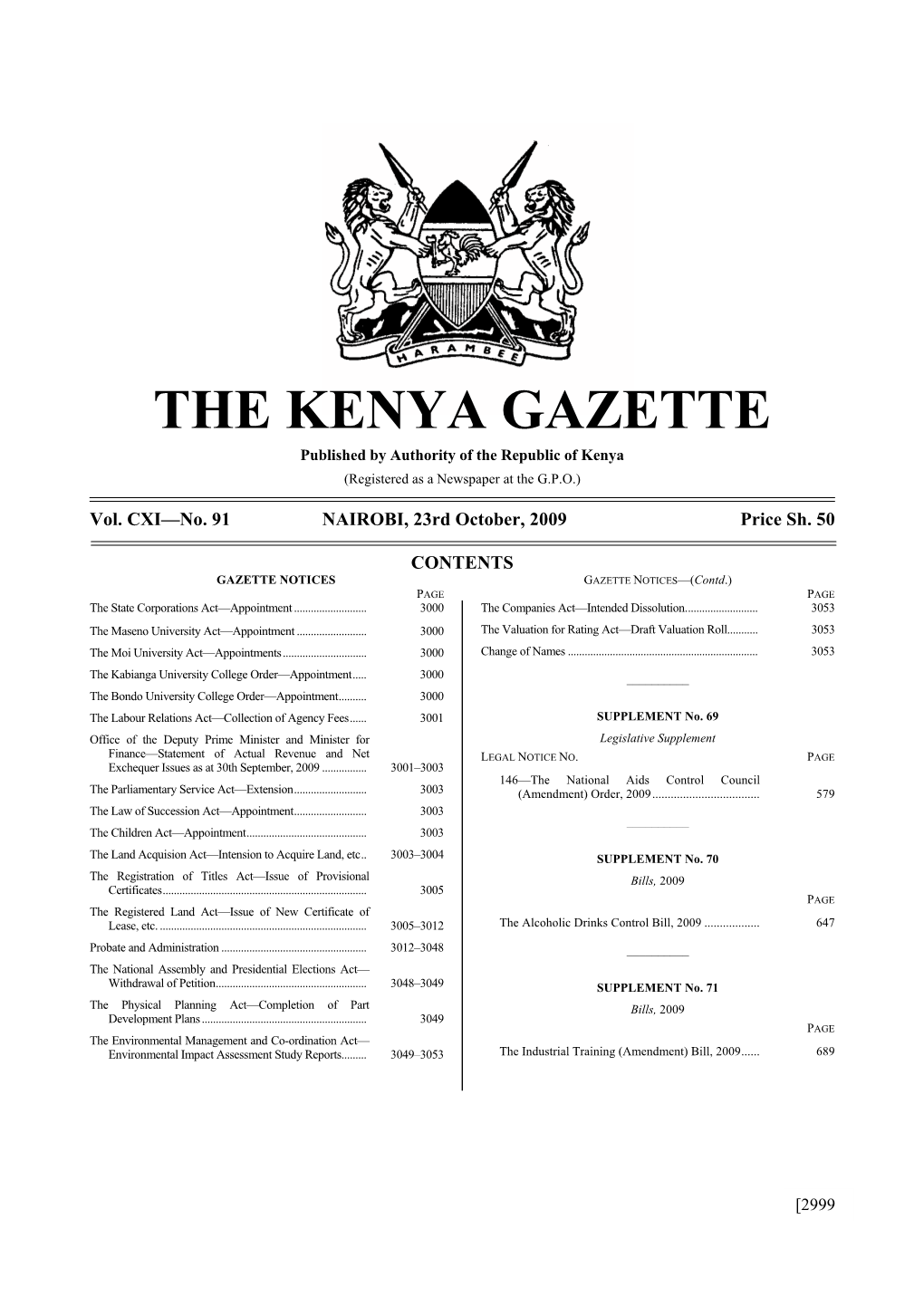 THE KENYA GAZETTE Published by Authority of the Republic of Kenya (Registered As a Newspaper at the G.P.O.)