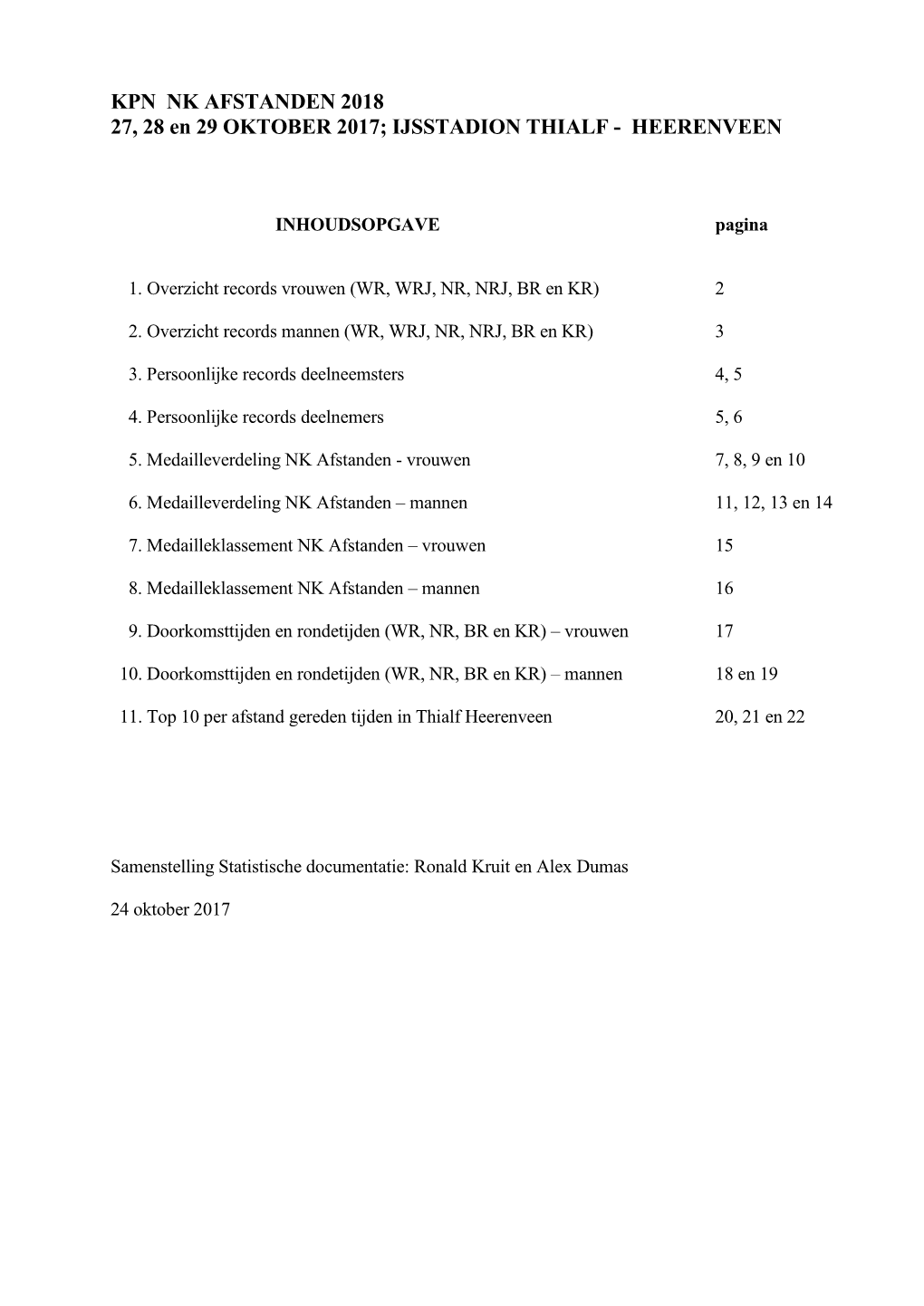 KPN NK AFSTANDEN 2018 27, 28 En 29 OKTOBER 2017; IJSSTADION THIALF - HEERENVEEN