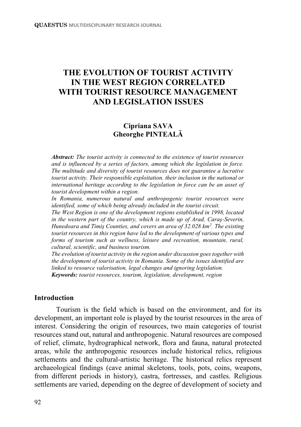 The Evolution of Tourist Activity in the West Region Correlated with Tourist Resource Management and Legislation Issues