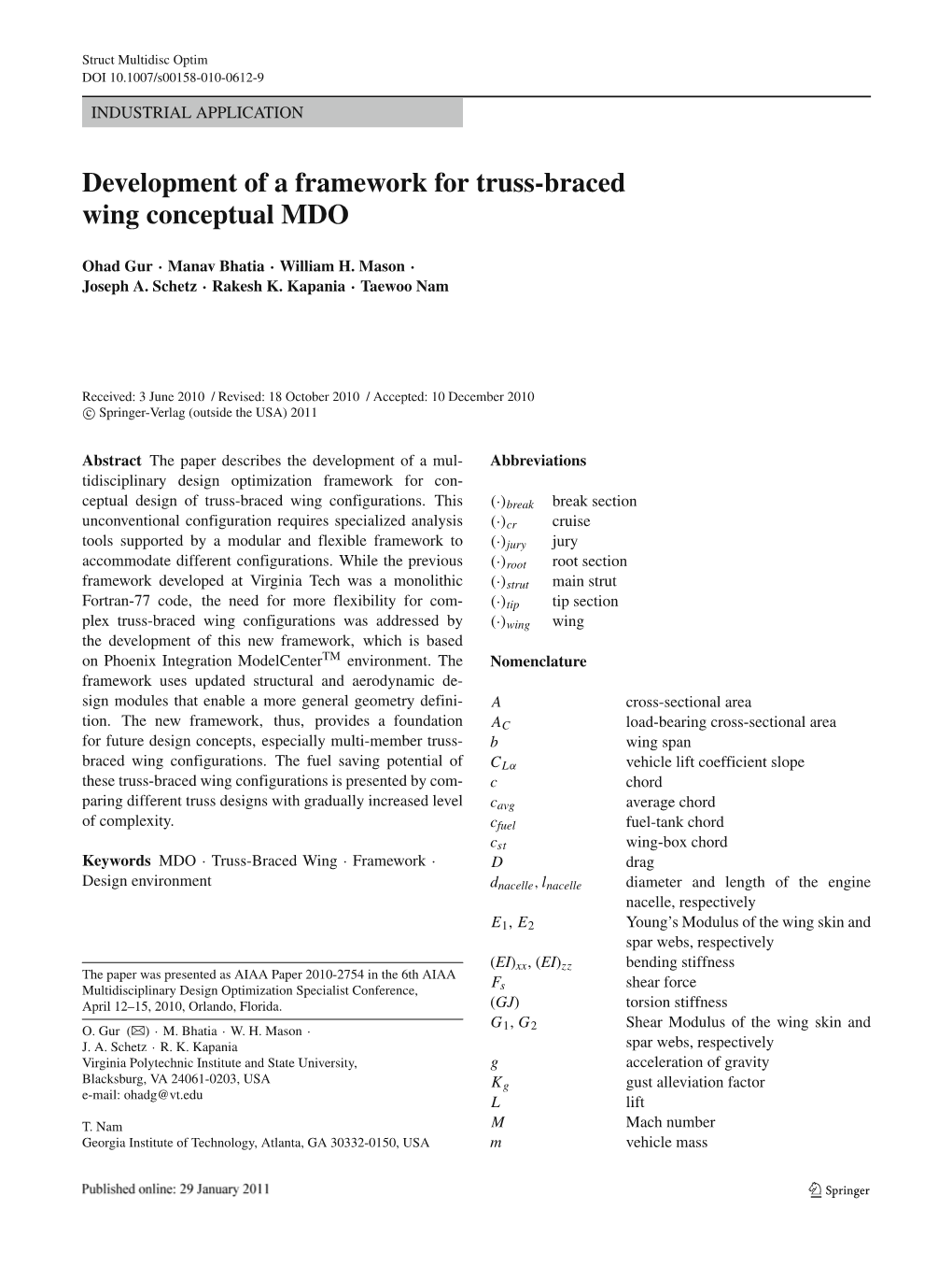 Development of a Framework for Truss-Braced Wing Conceptual MDO
