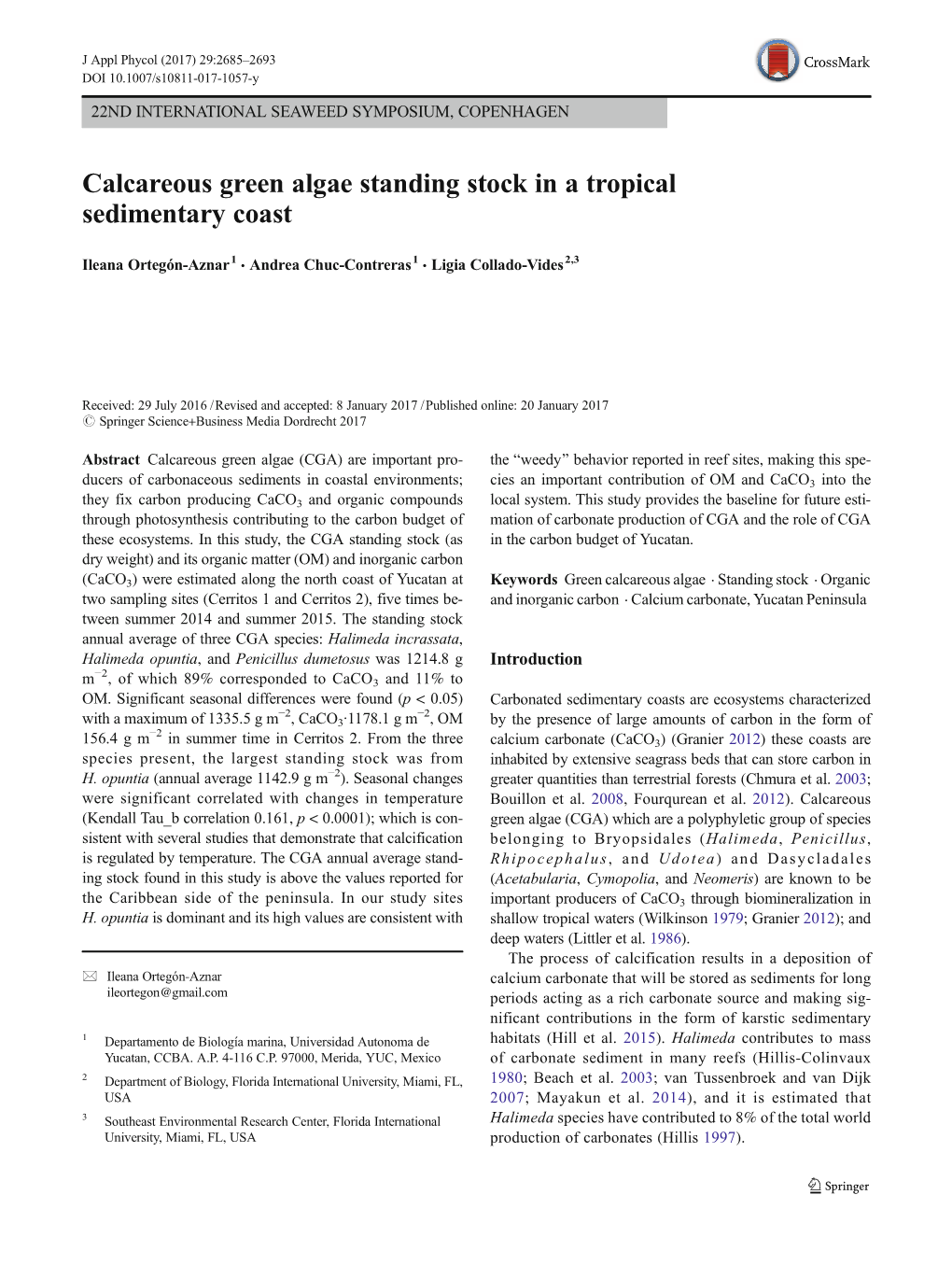 Calcareous Green Algae Standing Stock in a Tropical Sedimentary Coast