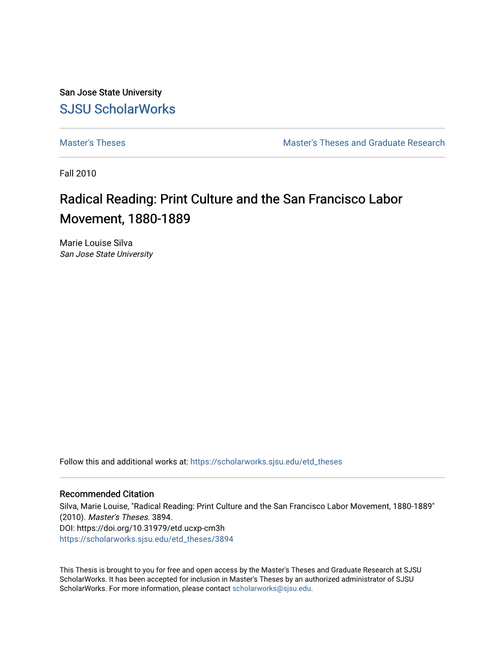Print Culture and the San Francisco Labor Movement, 1880-1889