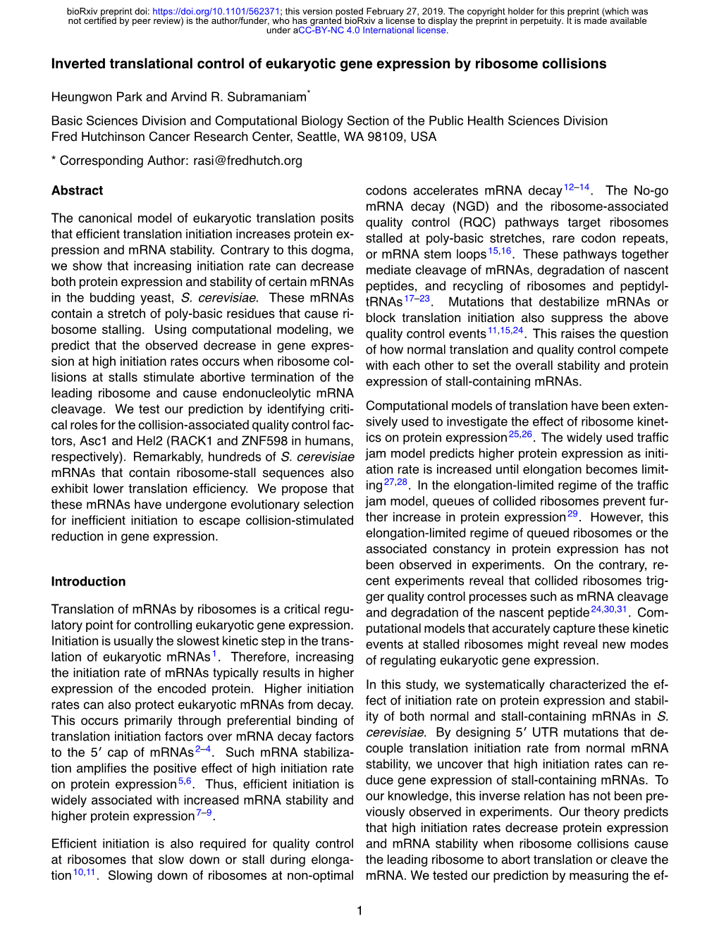 Inverted Translational Control of Eukaryotic Gene Expression by Ribosome Collisions