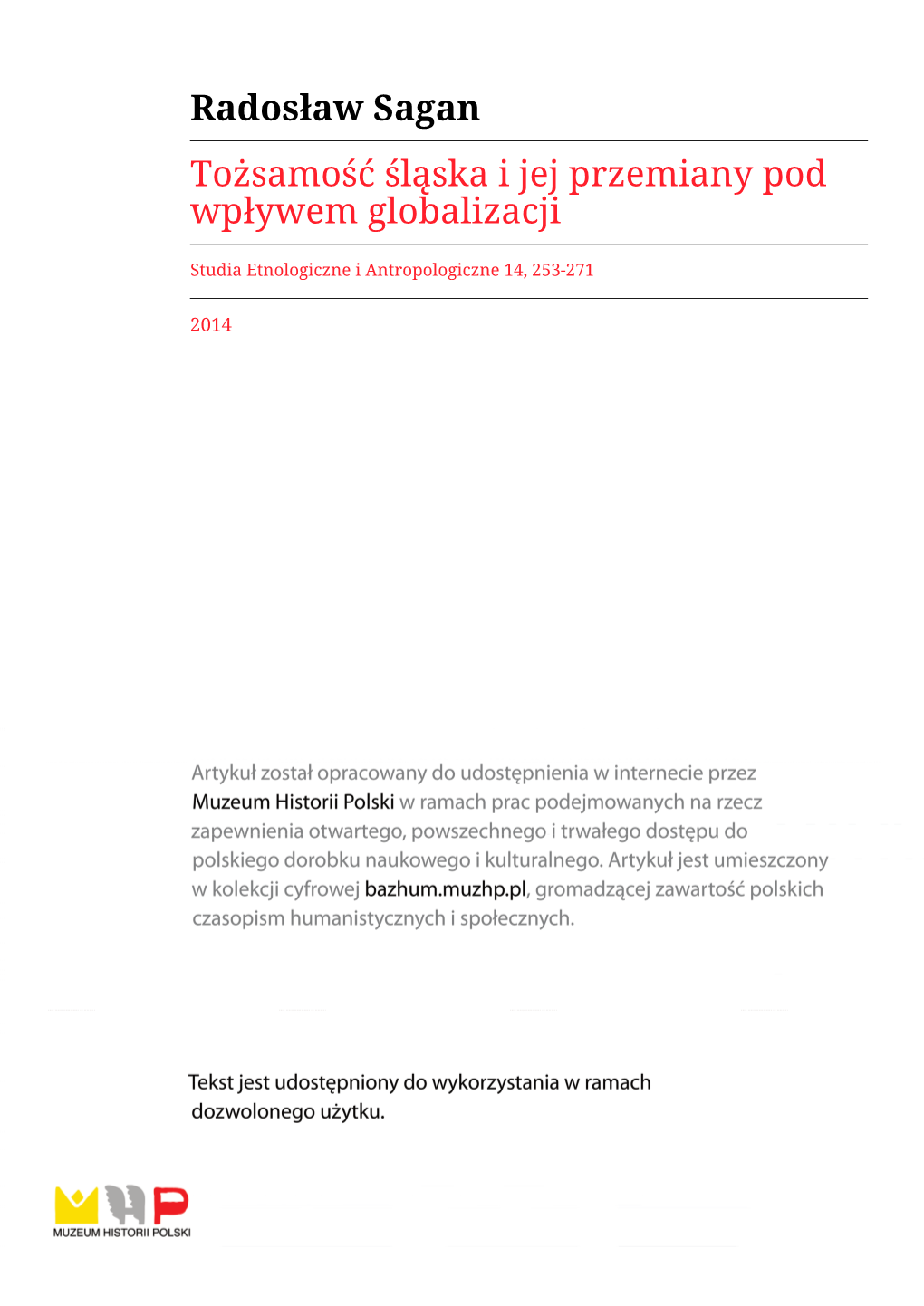 Radosław Sagan Tożsamość Śląska I Jej Przemiany Pod Wpływem Globalizacji