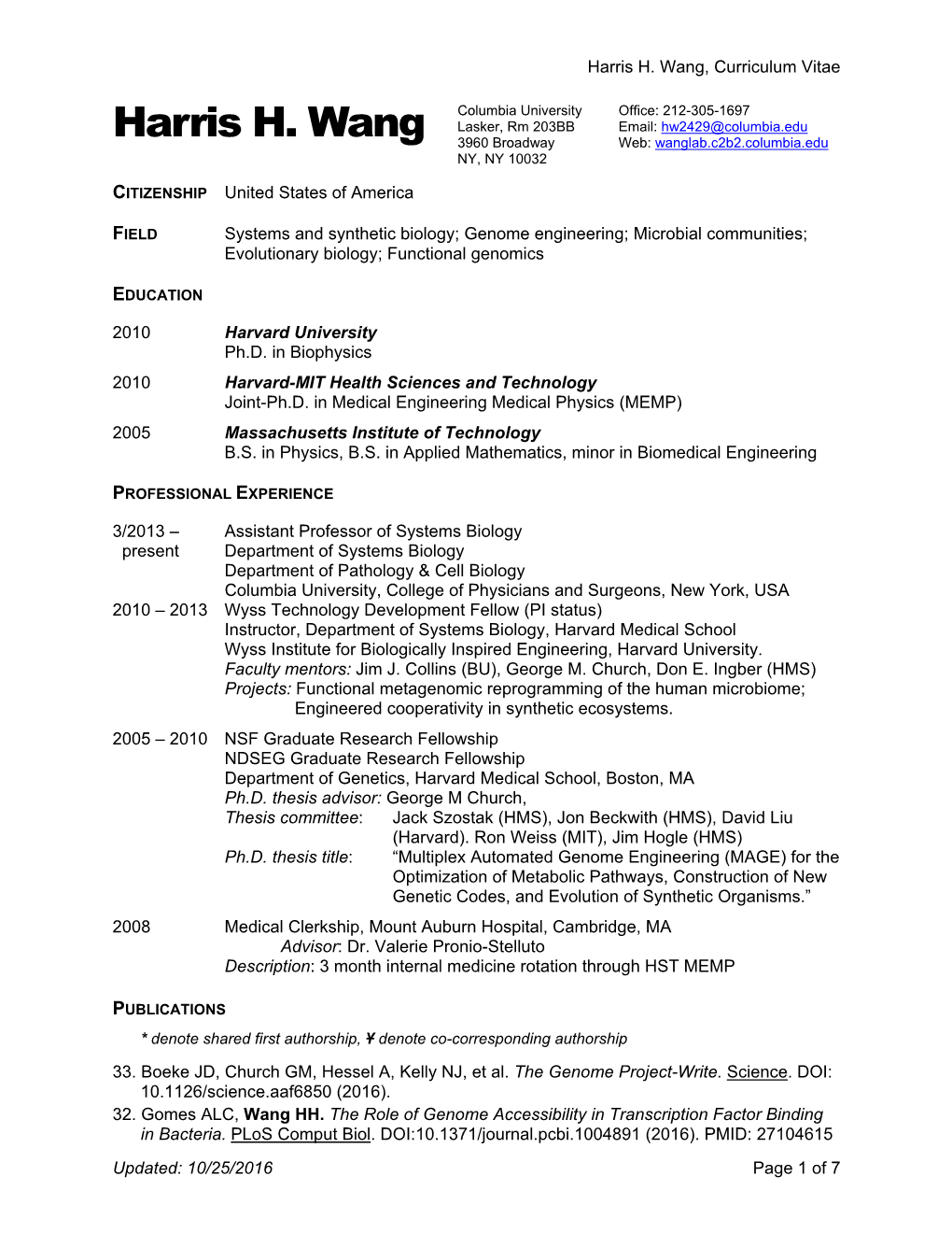 Harris H. Wang, Curriculum Vitae