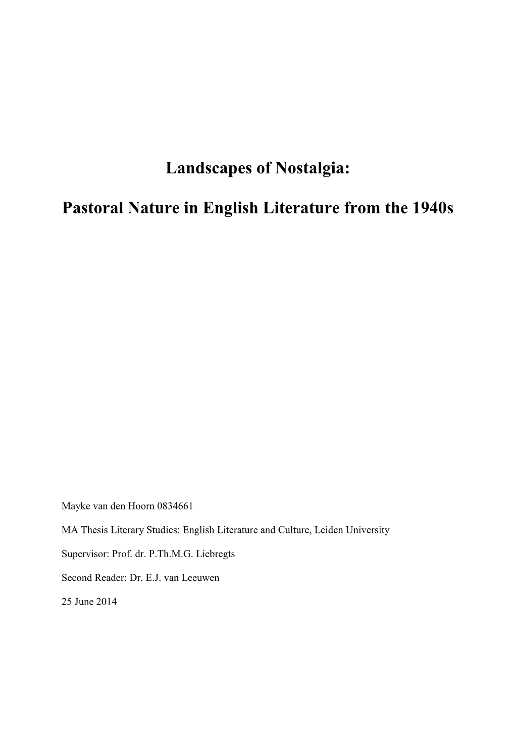 Landscapes of Nostalgia: Pastoral Nature in English Literature From