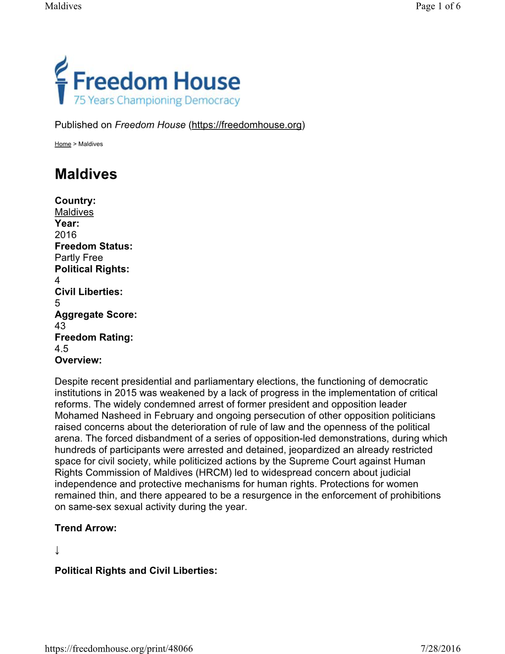 Freedom in the World 2106 Maldives