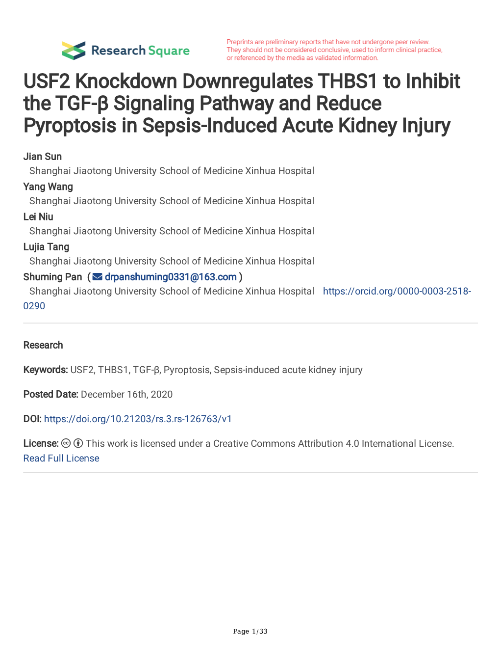 USF2 Knockdown Downregulates THBS1 to Inhibit the TGF-Β Signaling Pathway and Reduce Pyroptosis in Sepsis-Induced Acute Kidney Injury