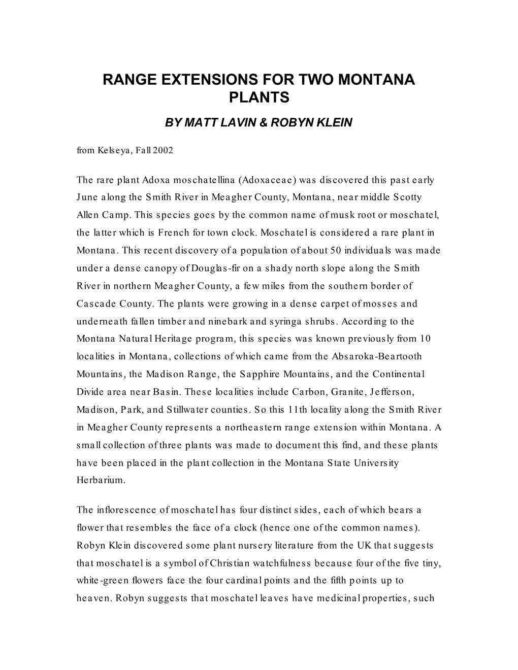 RANGE EXTENSIONS for TWO MONTANA PLANTS by MATT LAVIN & ROBYN KLEIN from Kelseya, Fall 2002