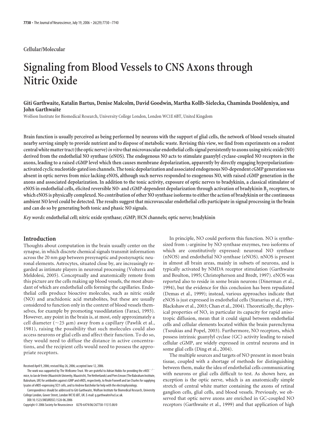 Signaling from Blood Vessels to CNS Axons Through Nitric Oxide