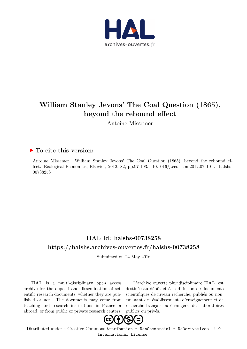 William Stanley Jevons' the Coal Question