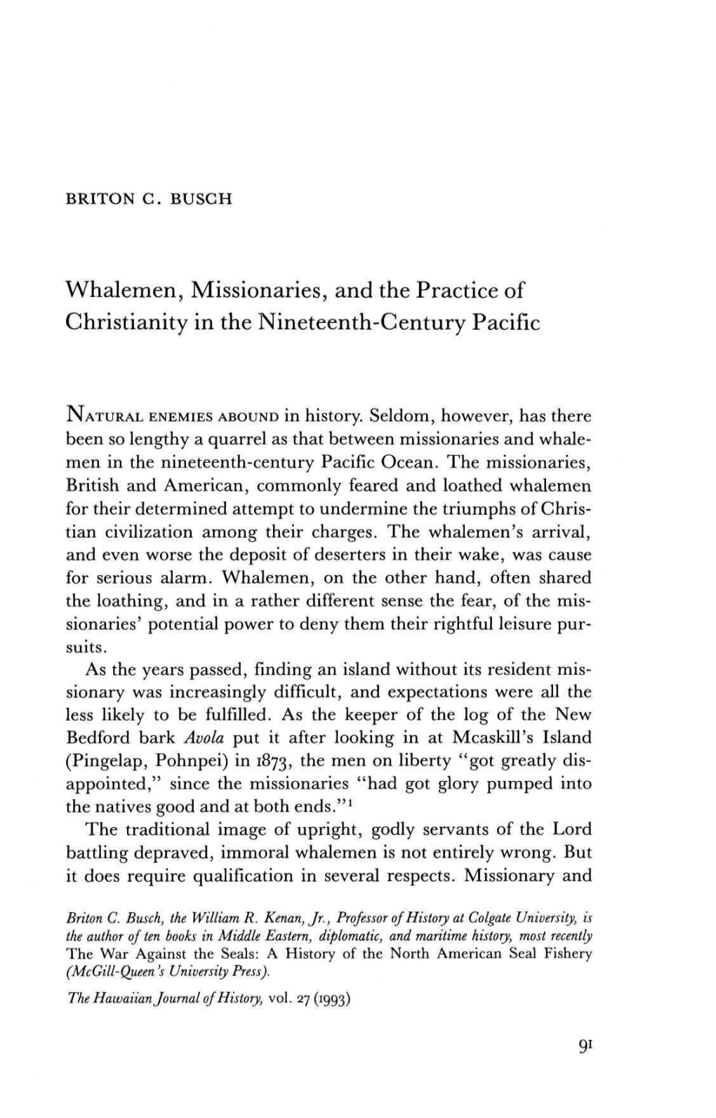 Whalemen, Missionaries, and the Practice of Christianity in the Nineteenth-Century Pacific