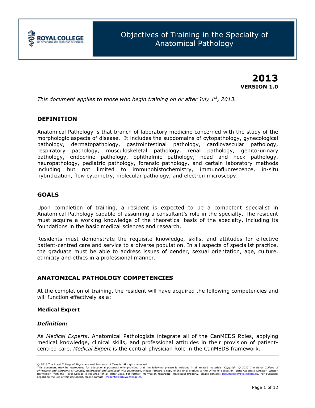 Objectives of Training in the Specialty of Anatomical Pathology