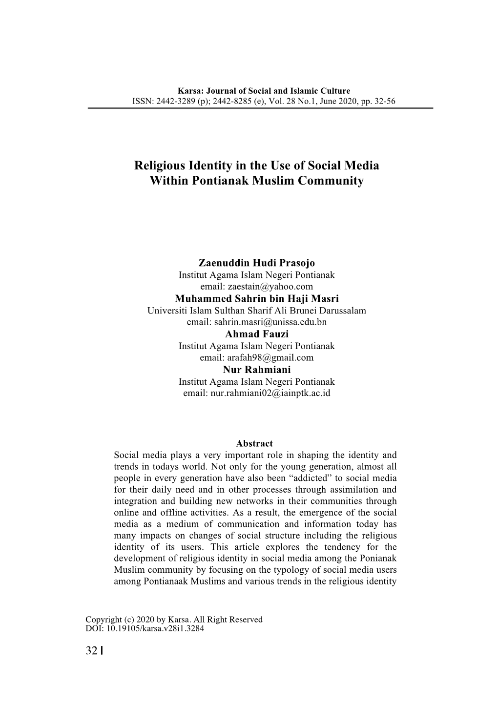 Religious Identity in the Use of Social Media Within Pontianak Muslim Community