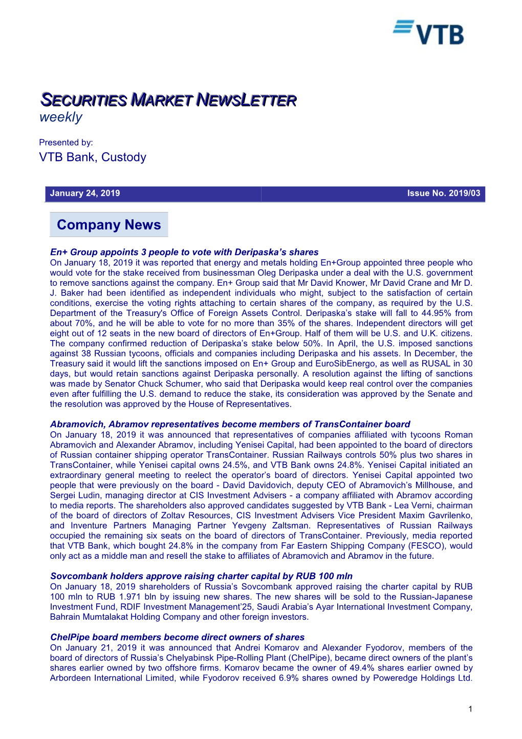 Company News SECURITIES MARKET NEWS LETTER Weekly