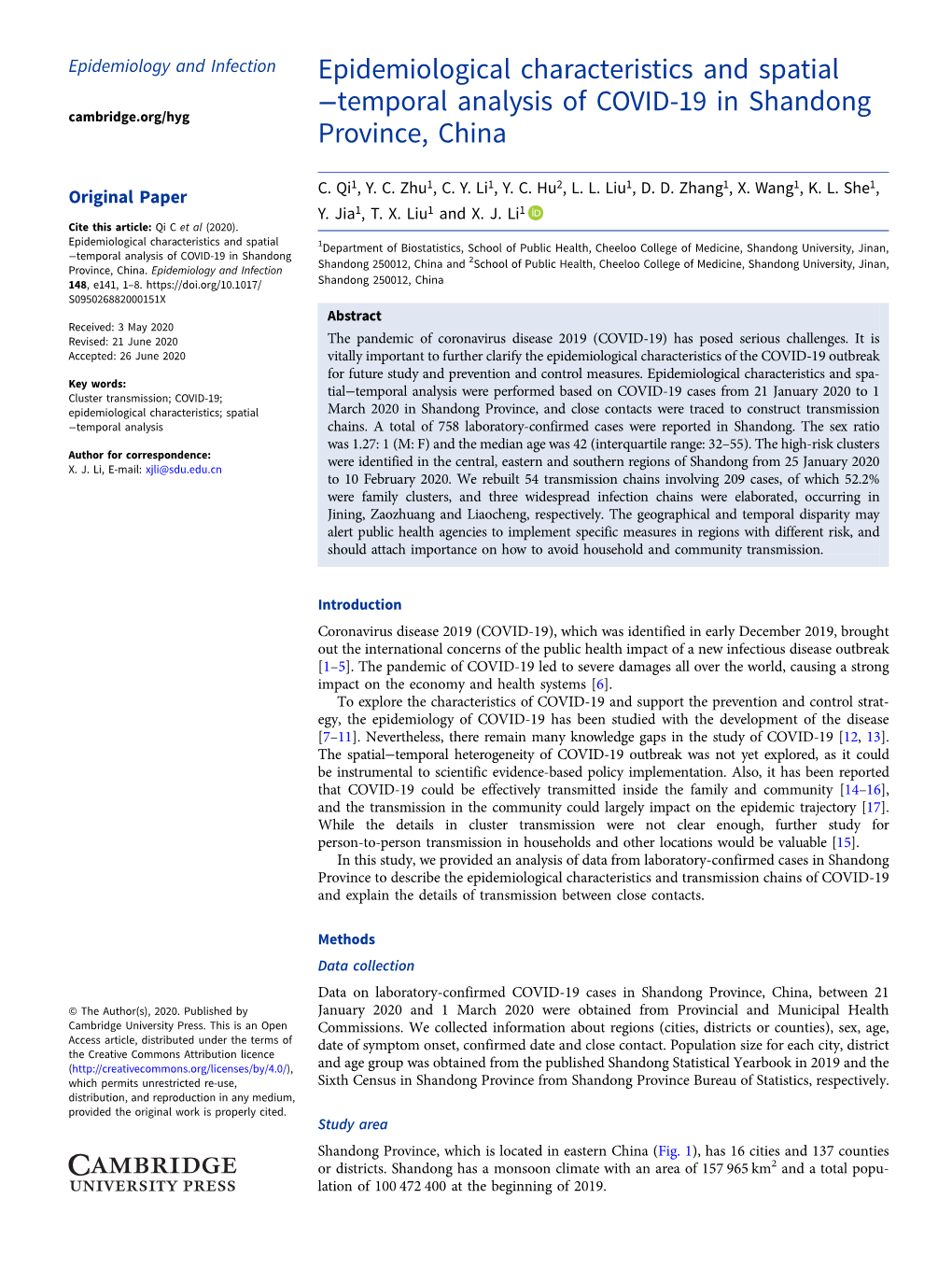 Epidemiological Characteristics and Spatial −Temporal Analysis of COVID-19 in Shandong Cambridge.Org/Hyg Province, China