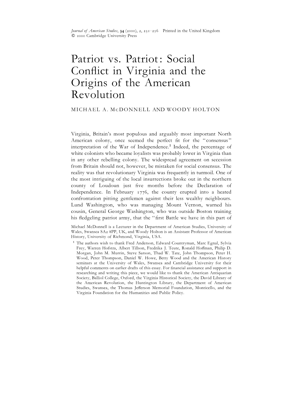 Patriot Vs. Patriot: Social Conflict in Virginia and the Origins of the American Revolution
