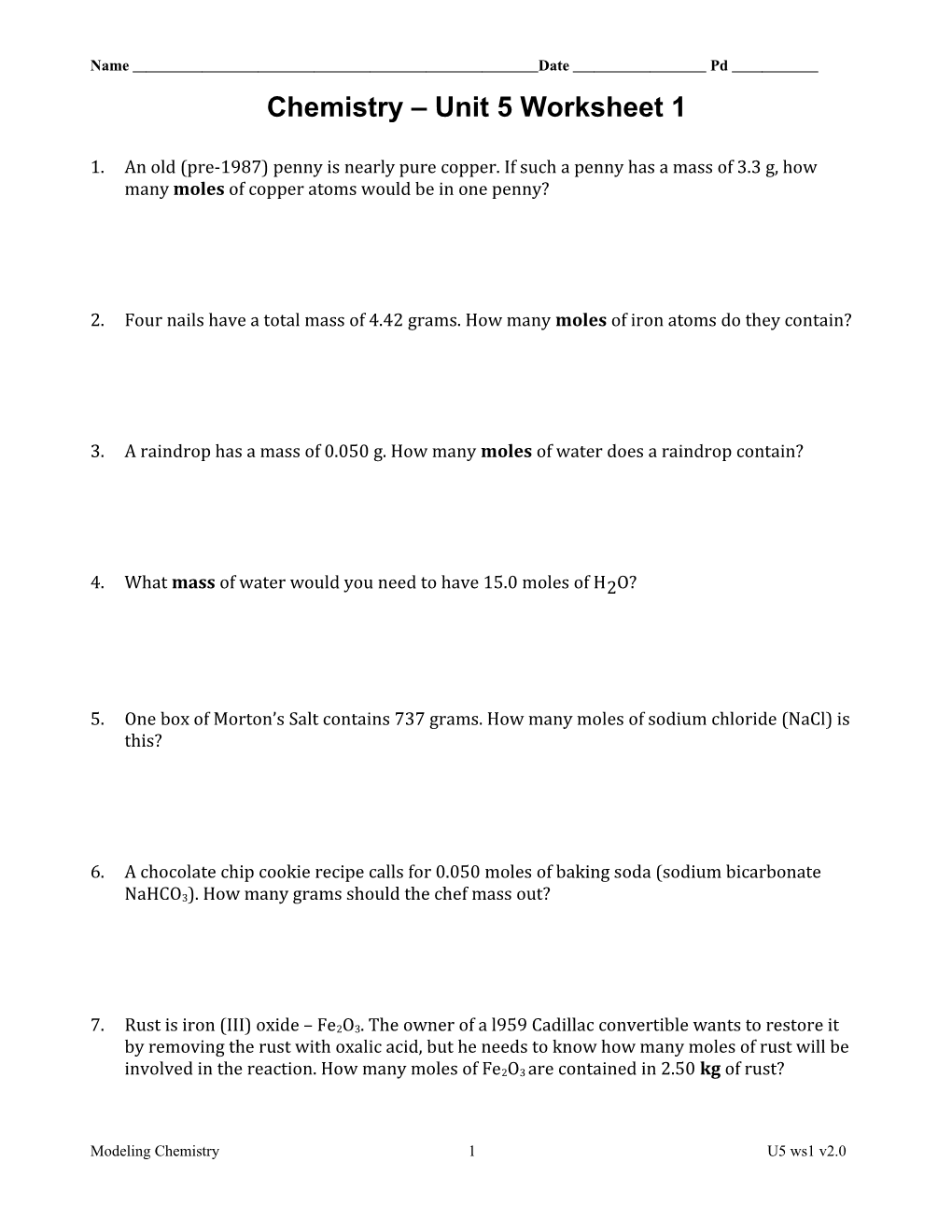 Chemistry Unit 5 Worksheet 1