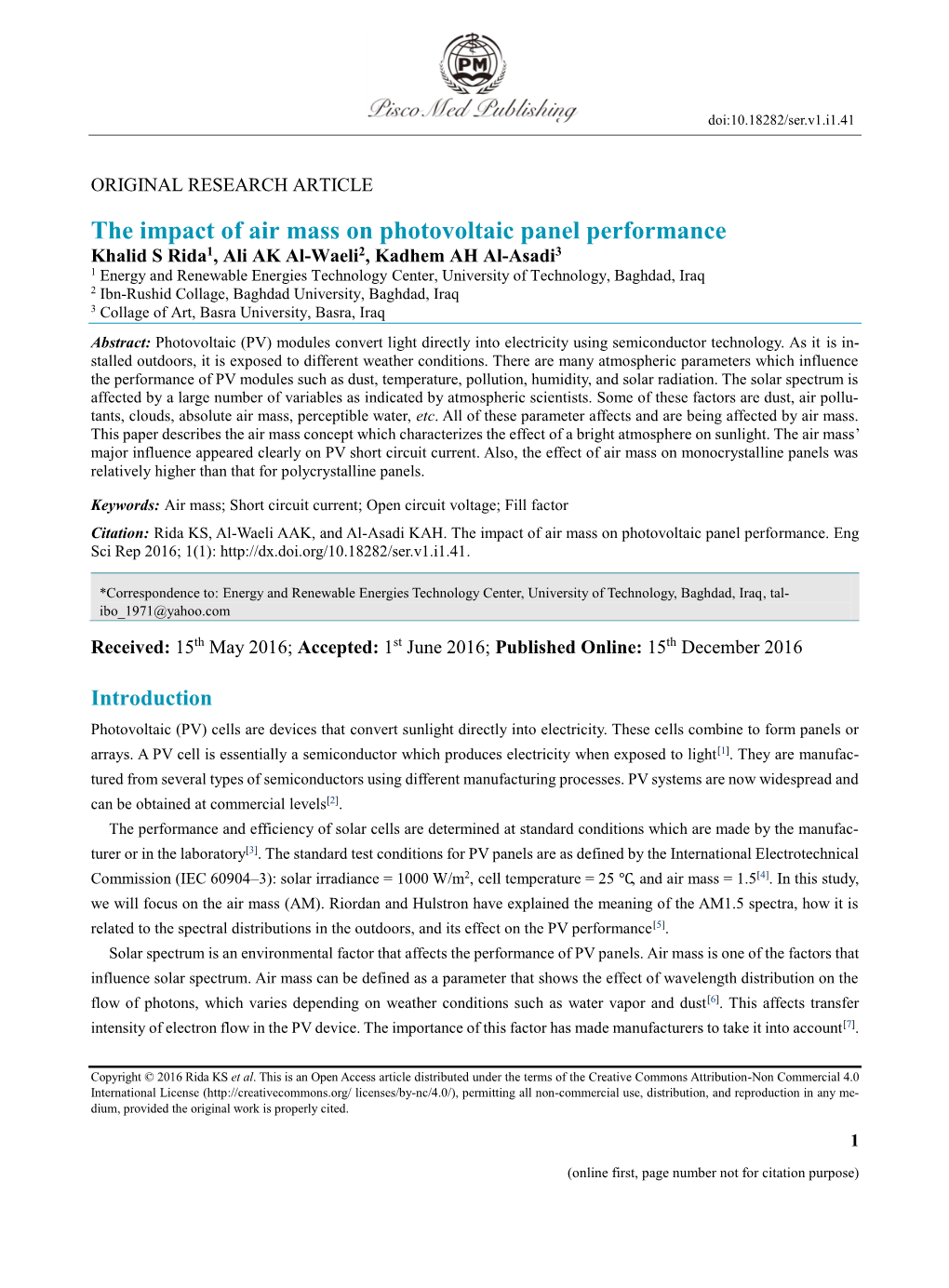 The Impact of Air Mass on Photovoltaic Panel Performance