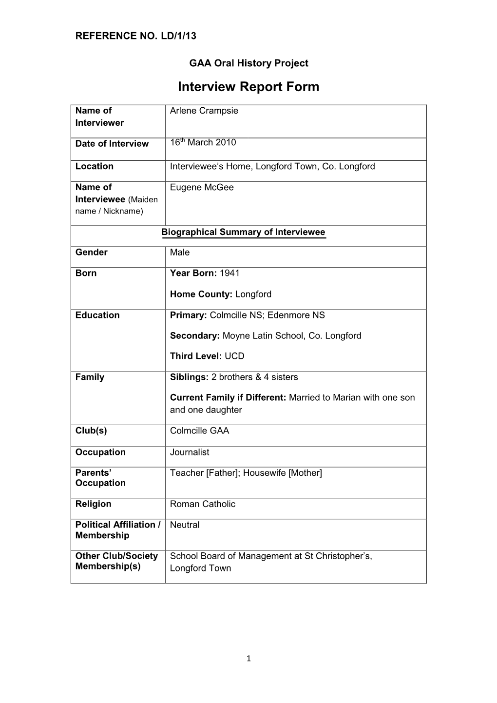 GAA Oral History Project Interview Report Form