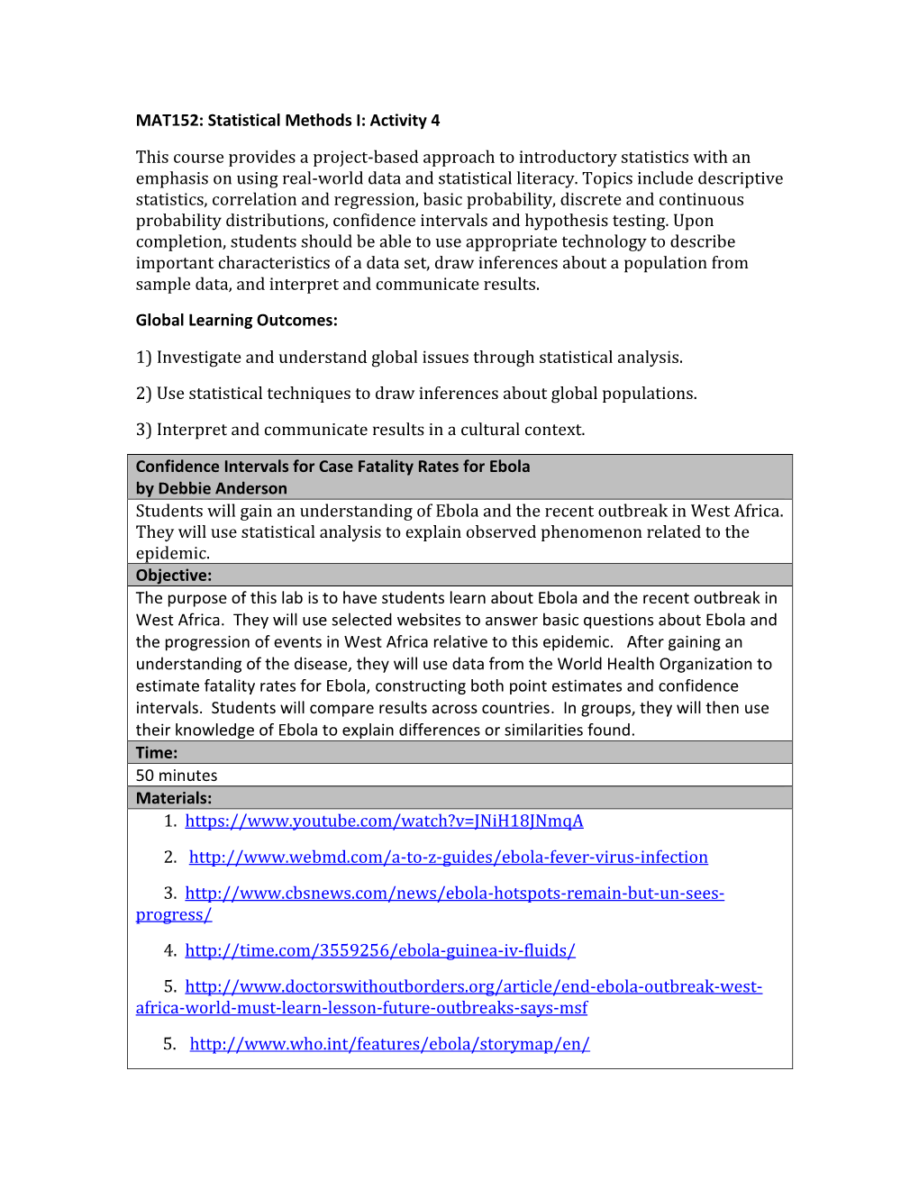 MAT152: Statistical Methods I: Activity 4 This Course Provides a Project