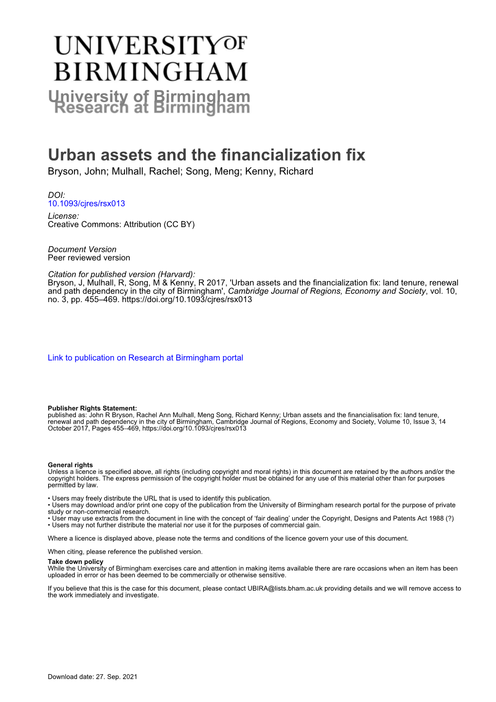 University of Birmingham Urban Assets and the Financialization