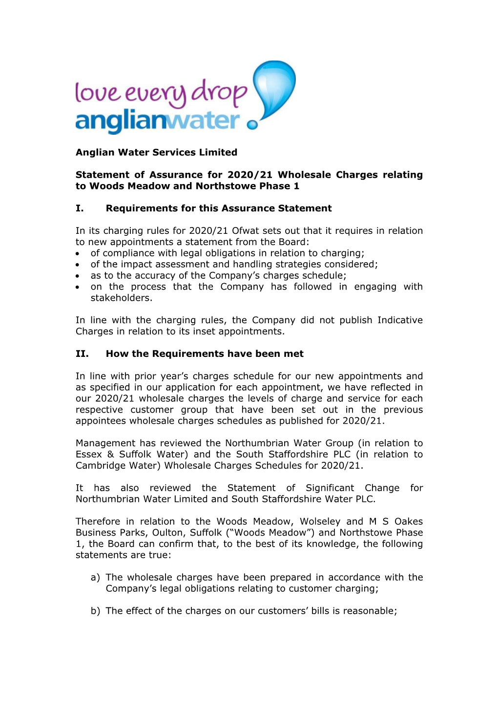 Anglian Water Services Limited Statement of Assurance for 2020/21 Wholesale Charges Relating to Woods Meadow and Northstowe Phas