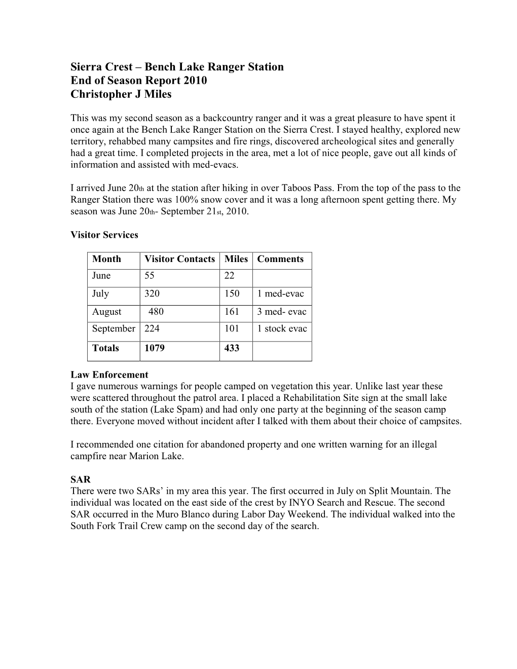 Bench Lake Ranger Station End of Season Report 2010 Christopher J Miles