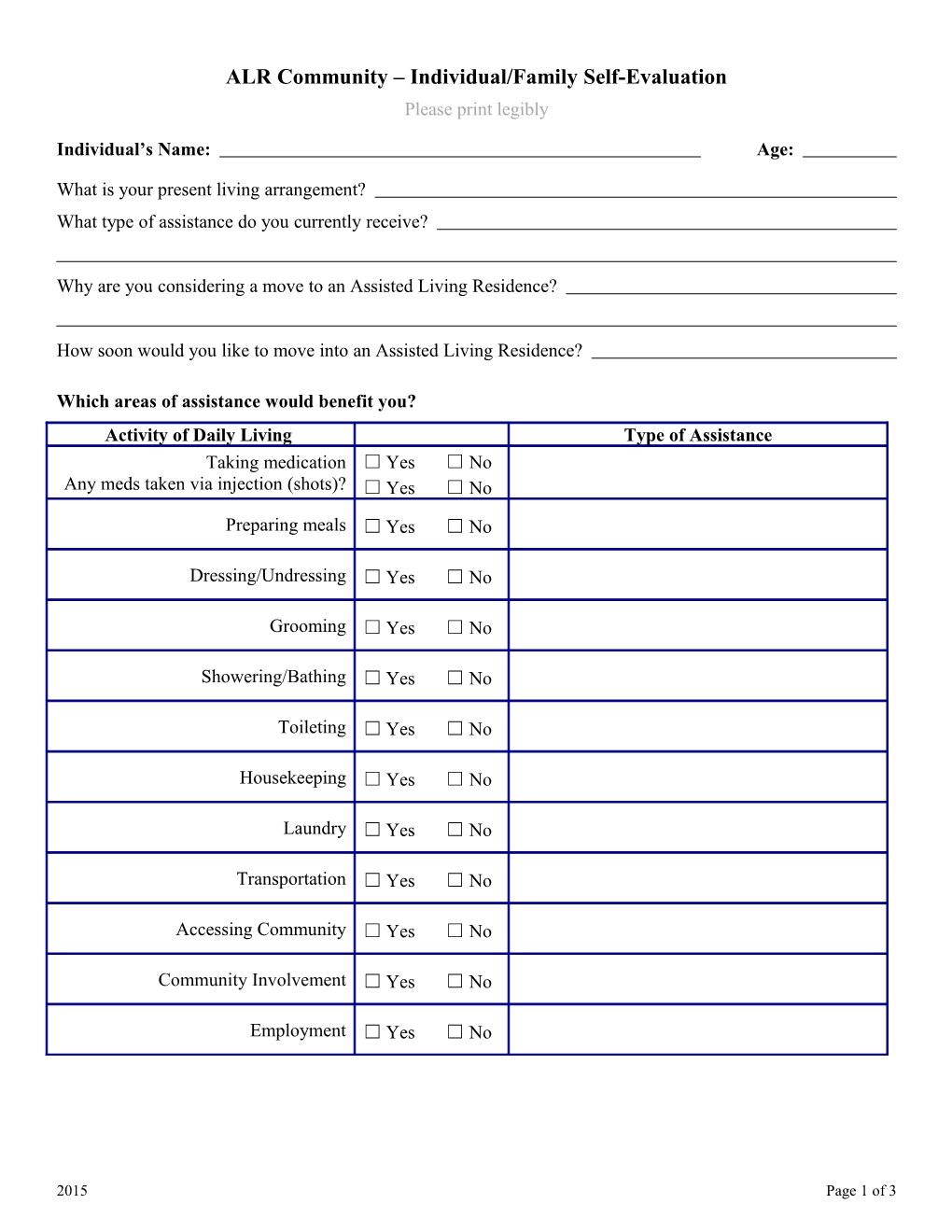 ALR Community Individual/Family Self-Evaluation