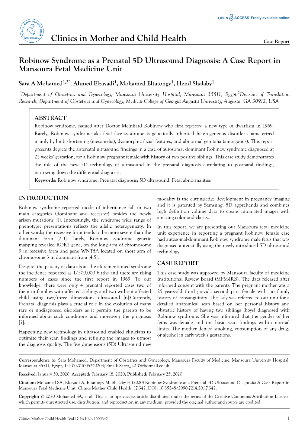 Robinow Syndrome As a Prenatal 5D Ultrasound Diagnosis: a Case Report in Mansoura Fetal Medicine Unit