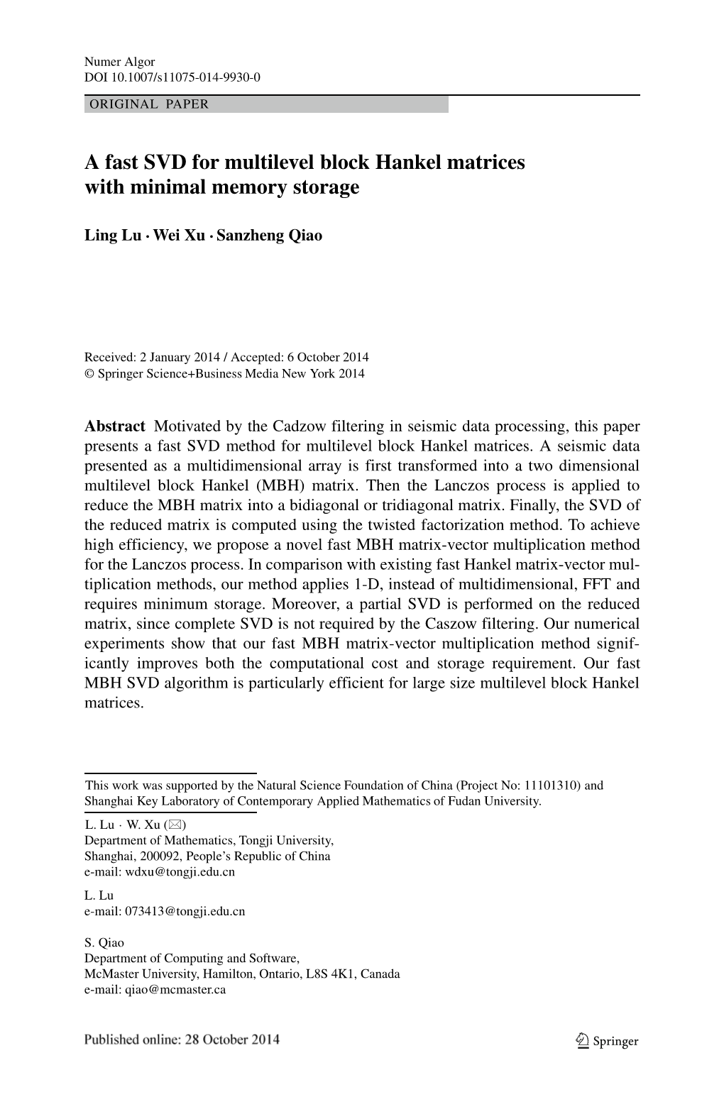 A Fast SVD for Multilevel Block Hankel Matrices with Minimal Memory Storage