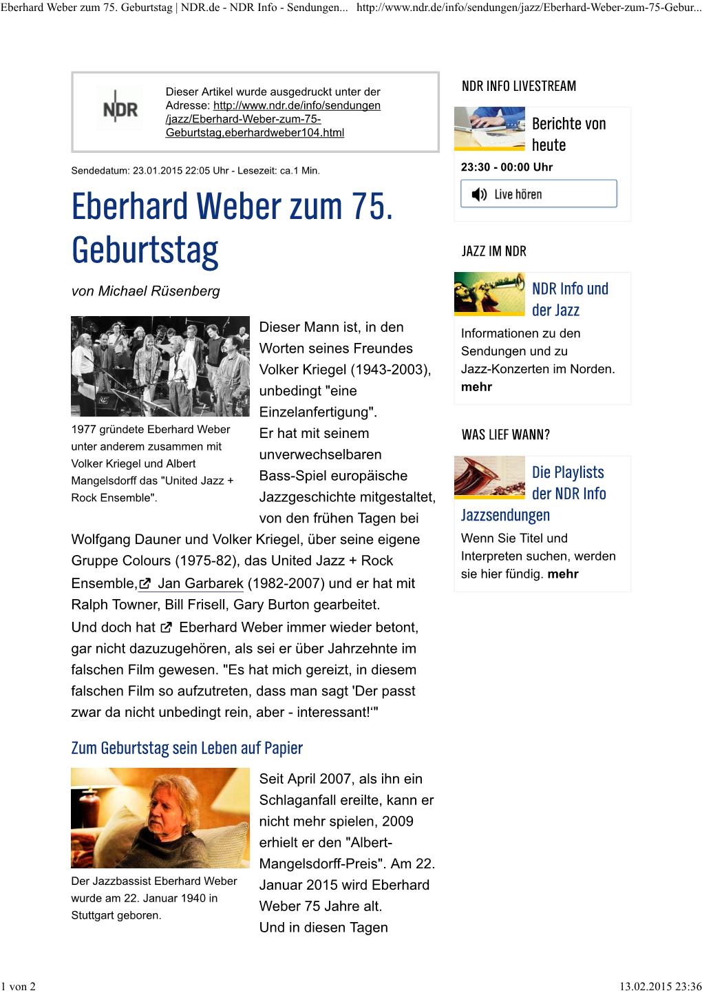 Eberhard Weber Zum 75. Geburtstag | NDR.De - NDR Info - Sendungen