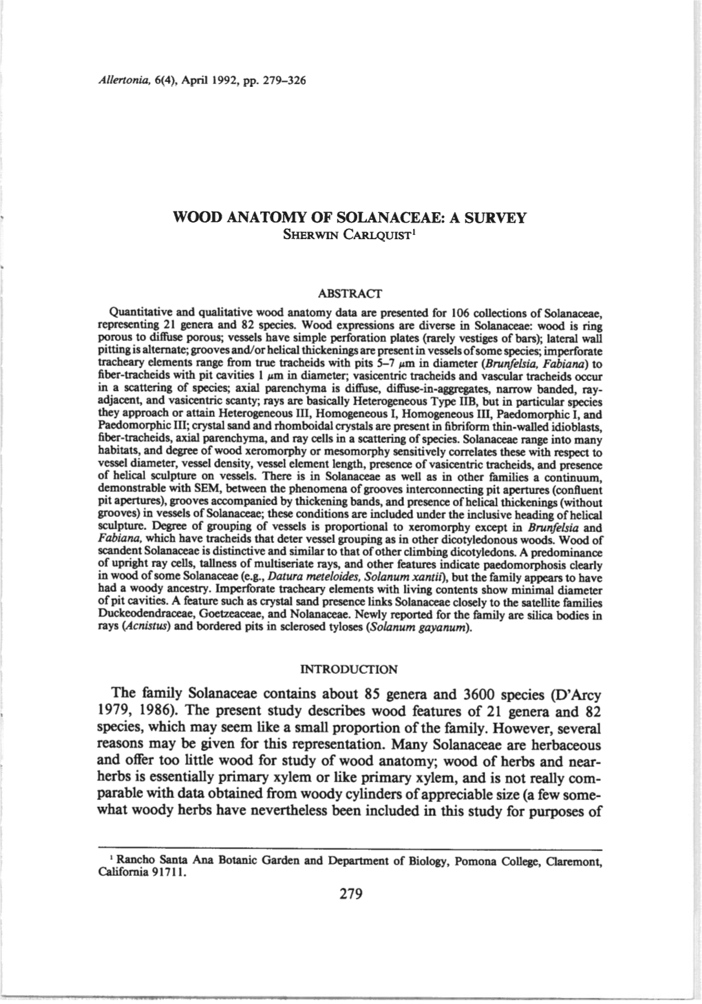 WOOD ANATOMY of SOLANACEAE: a SURVEY Sherwin Clqu1st’