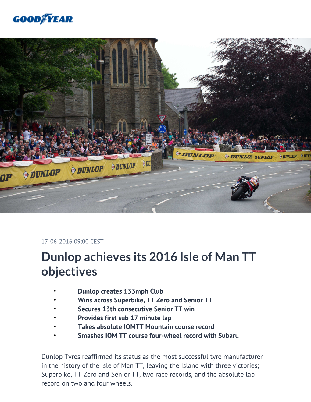 Dunlop Achieves Its 2016 Isle of Man TT Objectives