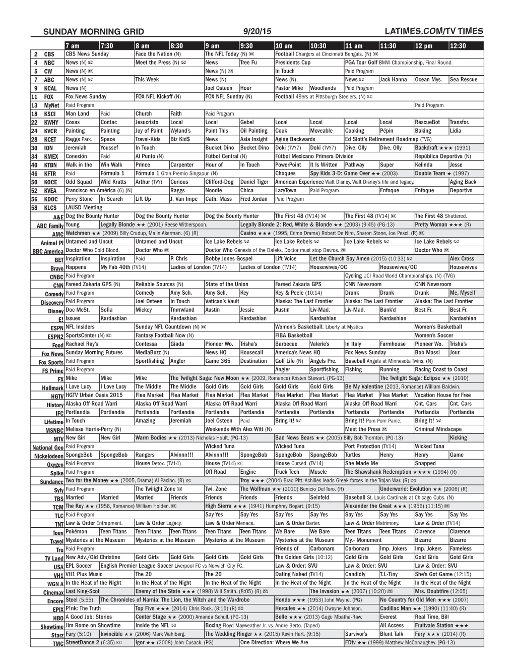 Sunday Morning Grid 9/20/15 Latimes.Com/Tv Times