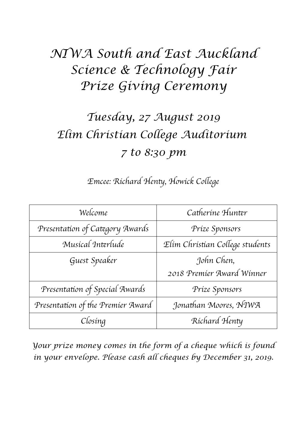 NIWA South and East Auckland Science & Technology Fair Prize