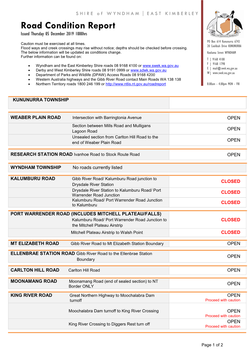 Road Condition Report Issued Thursday 05 December 2019 1000Hrs