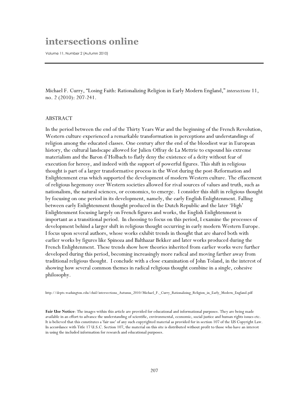 Losing Faith: Rationalizing Religion in Early Modern England,” Intersections 11, No