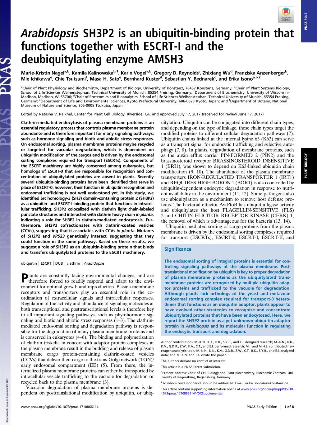 Arabidopsis SH3P2 Is an Ubiquitin-Binding Protein That PNAS PLUS Functions Together with ESCRT-I and the Deubiquitylating Enzyme AMSH3