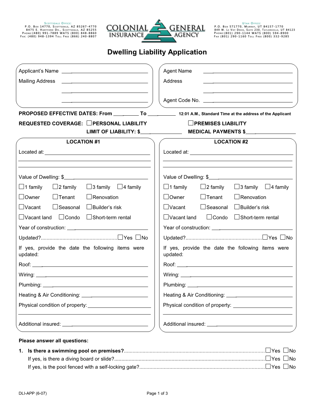 Dwelling Liability Application