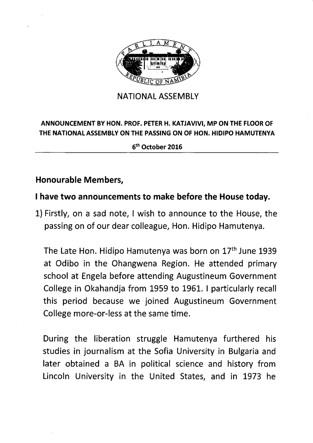 Announcement by Hon Prof Peter H Katjavivi on the Passing of Hon