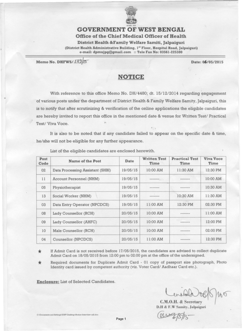 Page 1 List of Eligible Candidates Selected for Examination for the Post of Account Personnel (NHM)