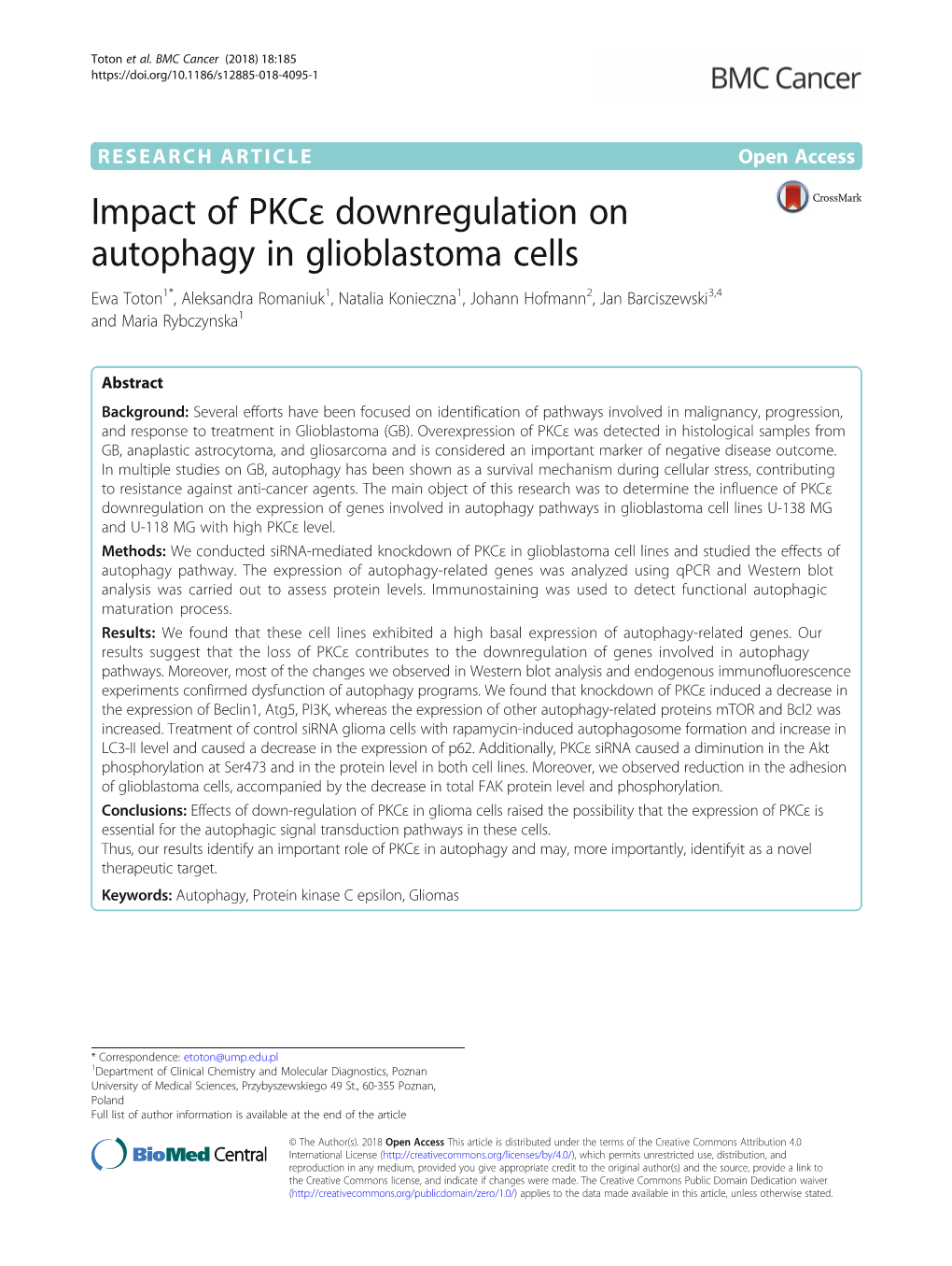 Impact of Pkcε Downregulation on Autophagy in Glioblastoma Cells